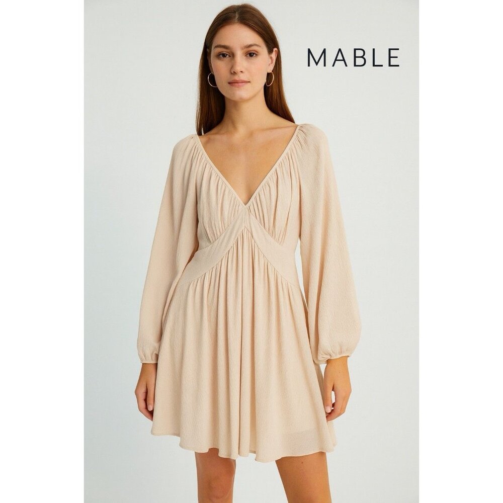 Anthropologie Mable Tiered Women’s V-Neck Short Dress Size S Neutral Preppy Tan‎